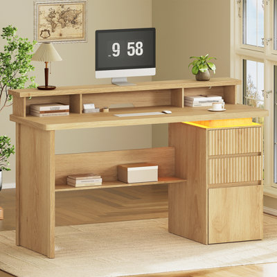 59" Executive Desk with Drawers and Power Outlet, Fluted Computer Desk with Monitor Stand and File Storage