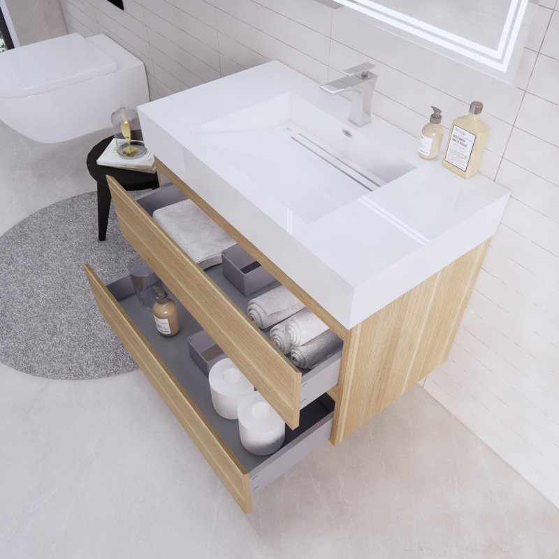 Babajide 35.5'' Single Bathroom Vanity with Acrylic Top, White Oak