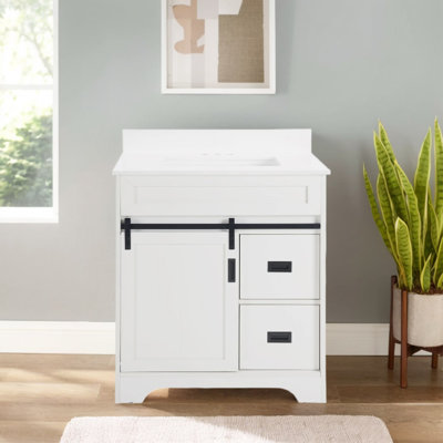 Meuble-lavabo 30 po avec lavabo simple, meuble-lavabo sous-comptoir Farmhouse avec portes de grange coulissantes et 2 tiroirs, meuble-lavabo autoportant, blanc