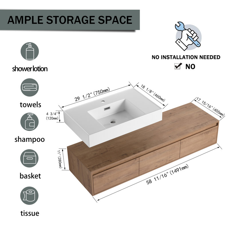 Meuble-lavabo mural 60 po avec lavabo en résine