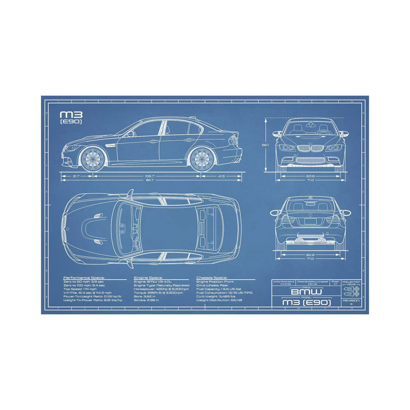 "Bmw M3 (E90)" par Action Blueprints - Photographie sur toile tendue, H 18 po x l 26 po x P 1,5 po