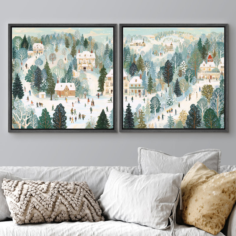 «Cozy Winter Town Family Ice Skating Park Scene», reproduction d'art encadrée de la chambre principale, 2 pièces