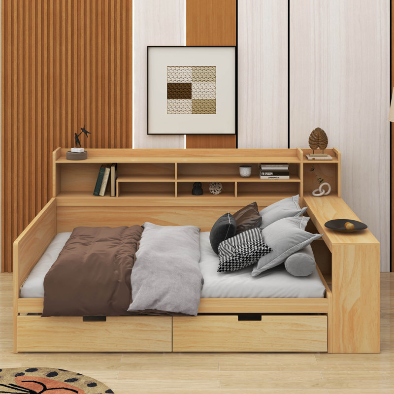 Lit de jour double avec tablettes, tiroirs et bureau, Naturel