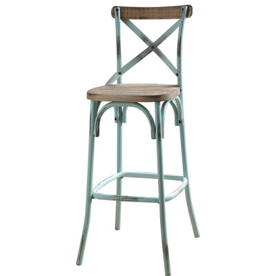 Tabouret de bar rétro avec dossier croisé en métal - couleur ciel antique, base, siège invitant, 43,5 po de hauteur x 18,5 po de largeur, 20,5 po de profondeur, profondeur