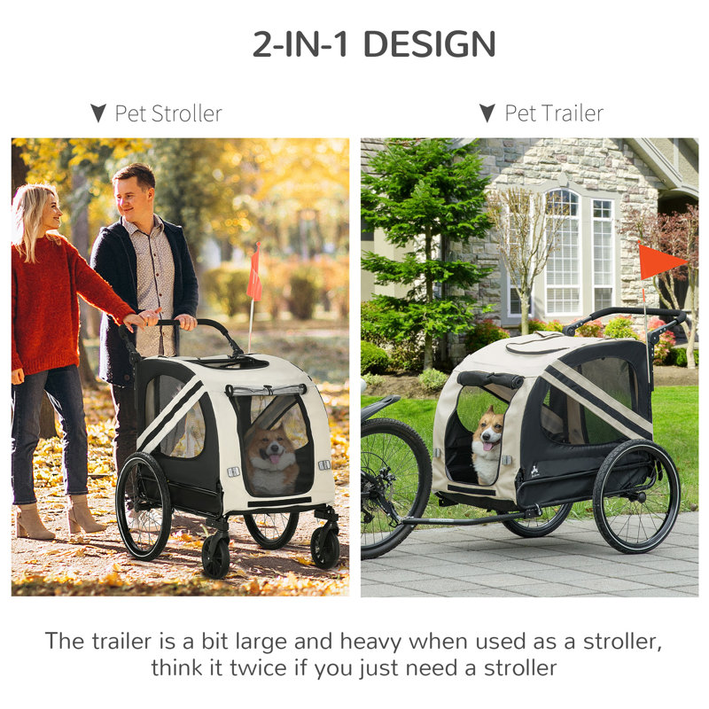White Foldable Pet Bike Trailer and Stroller with Detachable Carrier