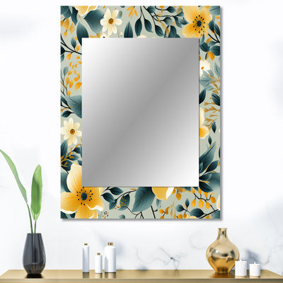 Motif floral Aulon jaune et bleu sarcelle à motif vichy - grand miroir floral, miroir mural décoratif floral, impression d'art en métal