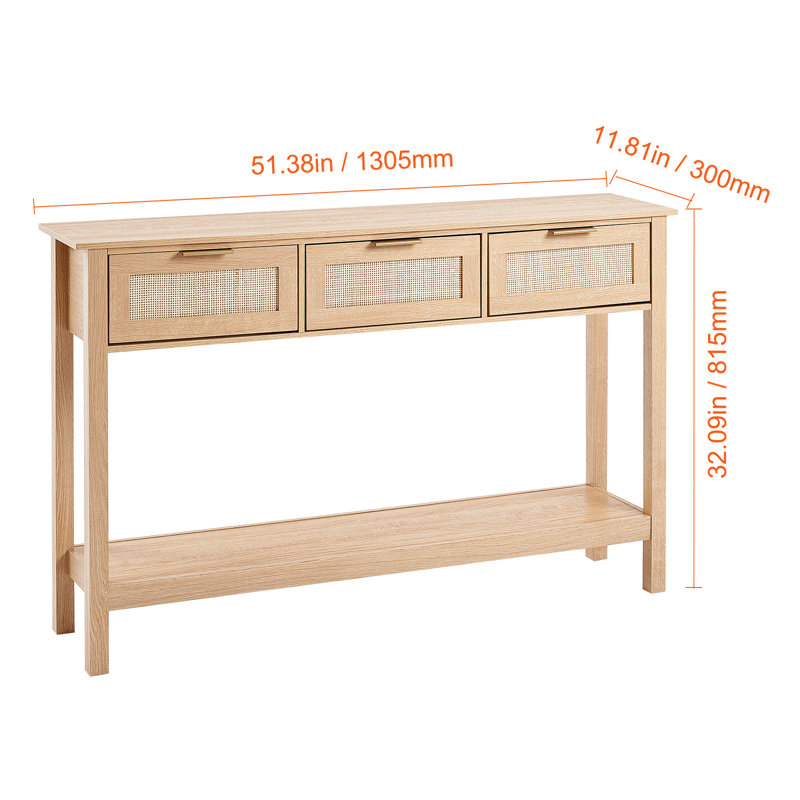 Bay Isle Home™ Rattan Console Table with 3 Storage Drawers Rattan Sliding Door, Natural Wood