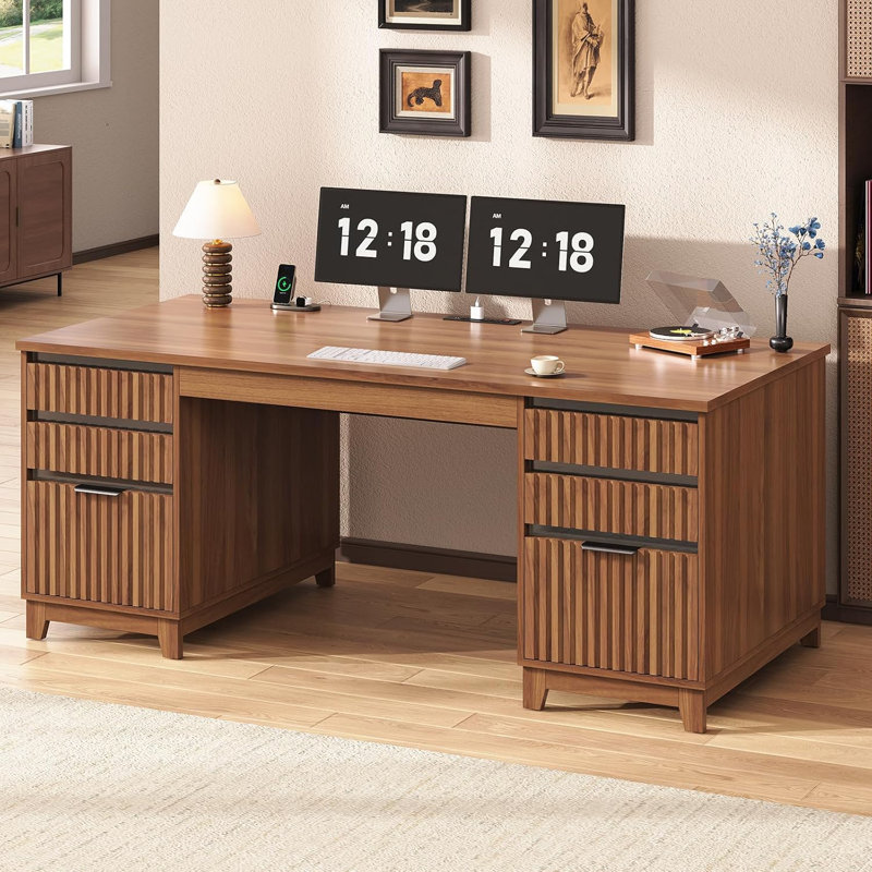 Rachmiel Computer Desk with Power Outlet, Oak 