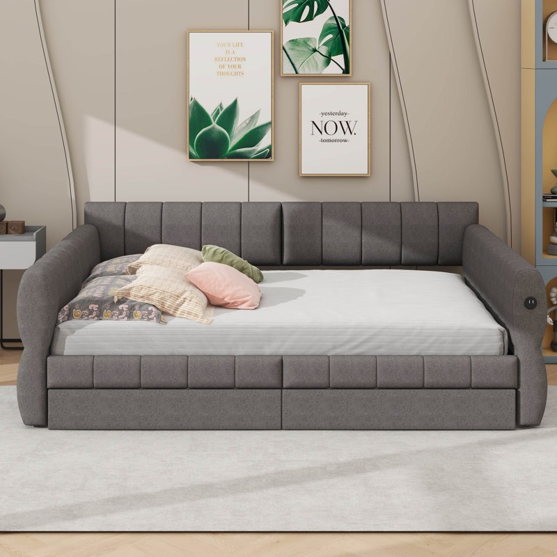 Grand lit tapissier en tissu avec chargement USB intégré et 2 tiroirs, Gris