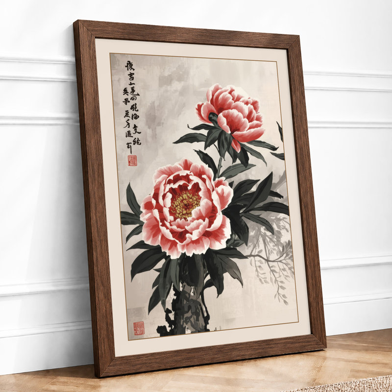 Blooming Peonies Japandi - Framed Print, A2 - 59.4 x 42.0 cm, Walnut