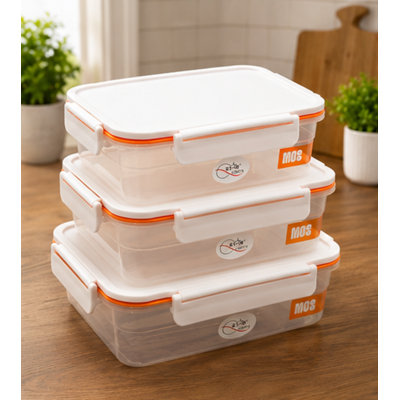 StarCrafts 3-Piece Plastic Food Storage Container Set With Leak-Proof Airtight Orange Lids.
