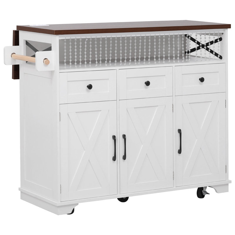 46.5" Farmhouse Kitchen Island Cart With Beaded Drape, Drop Leaf, Power Outlet, 3 Drawers & 3 Doors, White, White