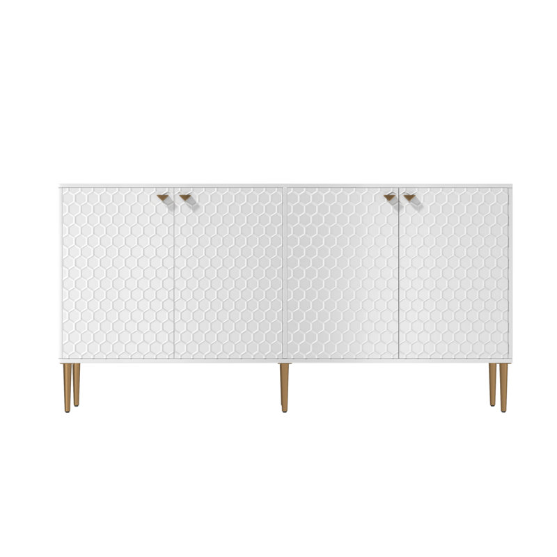 Kuo 64" Wide Sideboard With 4 Door High Gloss Cabinets, White/Gold