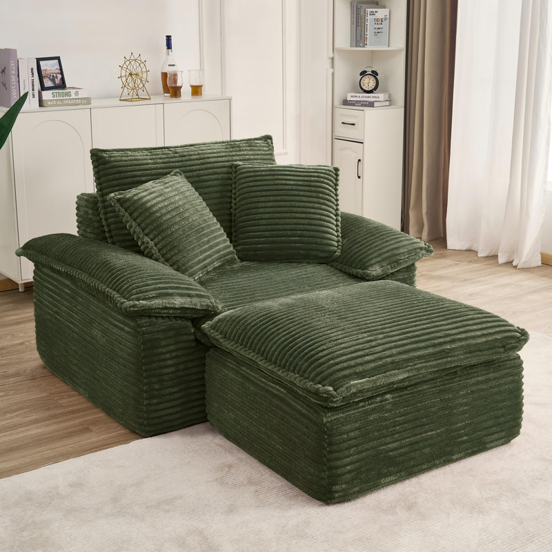 Compression Corduroy Chaise Lounge Chair with Ottoman, No Assembly, Green