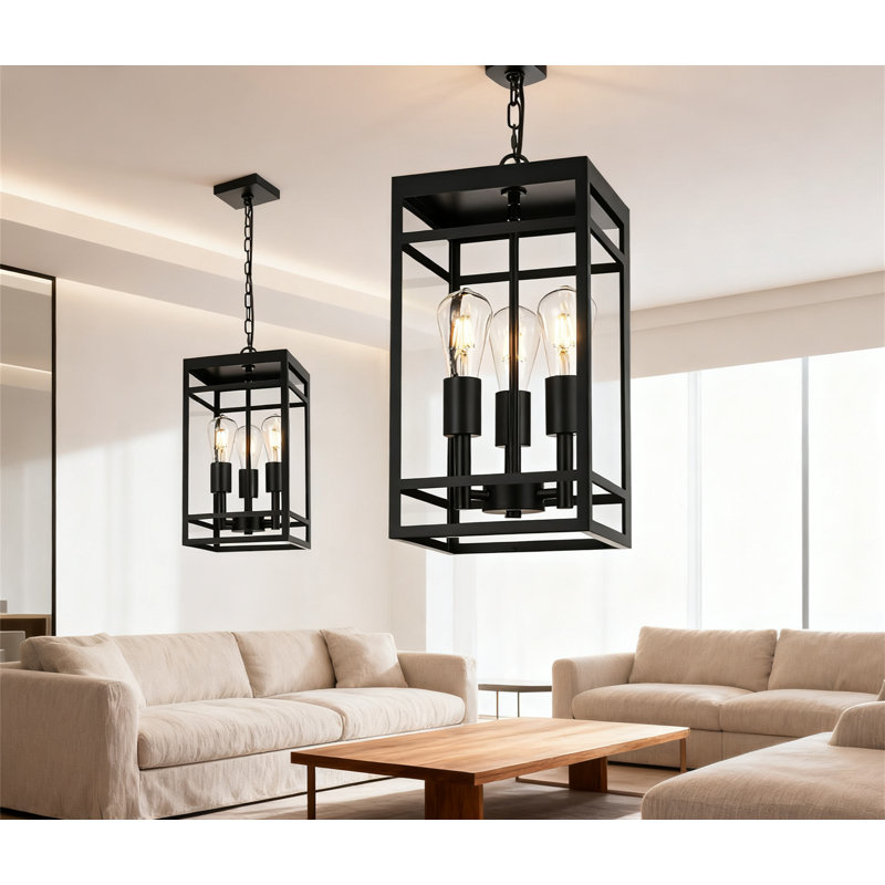 3-Light Outdoor Pendant Light With Adjustable Chain, Matte Black Linear Hanging Lantern Chandelier For Porch, Entryway, Patio, Garden, Exterior