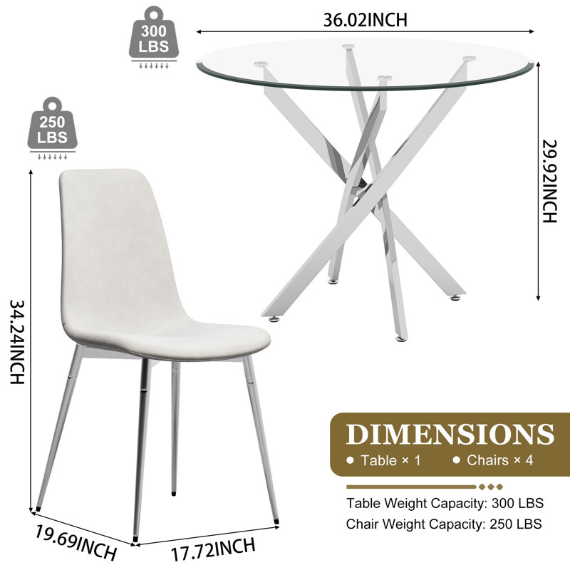 Round Glass Dining Table Set, 36" Clear Tempered Glass Tabletop With 4 Velvet Dining Chairs(Set Of 5), Silver/White/Silver