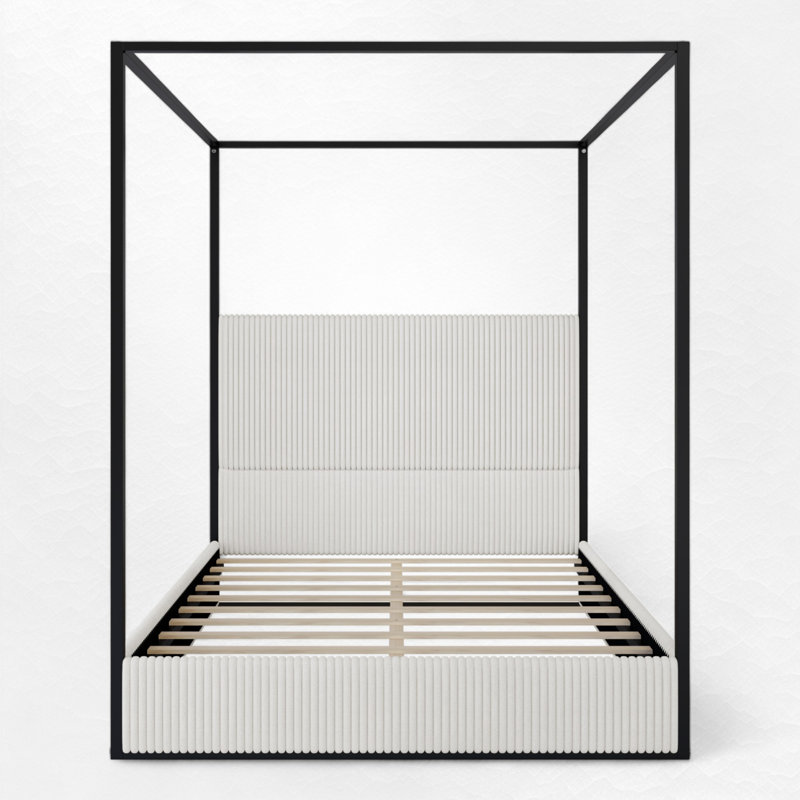 Upholstered Metal Canopy Bed, Queen, White/Black