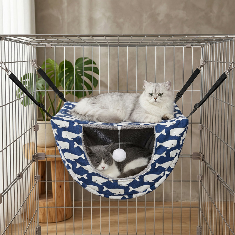 Cage à hamac double couche avec hamac pour chat, lit ajustable pour chatons, furets, chiots, lapins ou petits animaux de compagnie, lit d'intérieur à 2 niveaux pour toutes les saisons (baleine bleue)