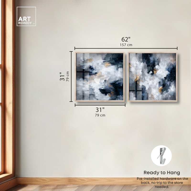 Ensemble de 2 décorations murales modernes Midnight and Ivory Elegance Shadowbox par Art Remedy, cadre blond, 31 x 31