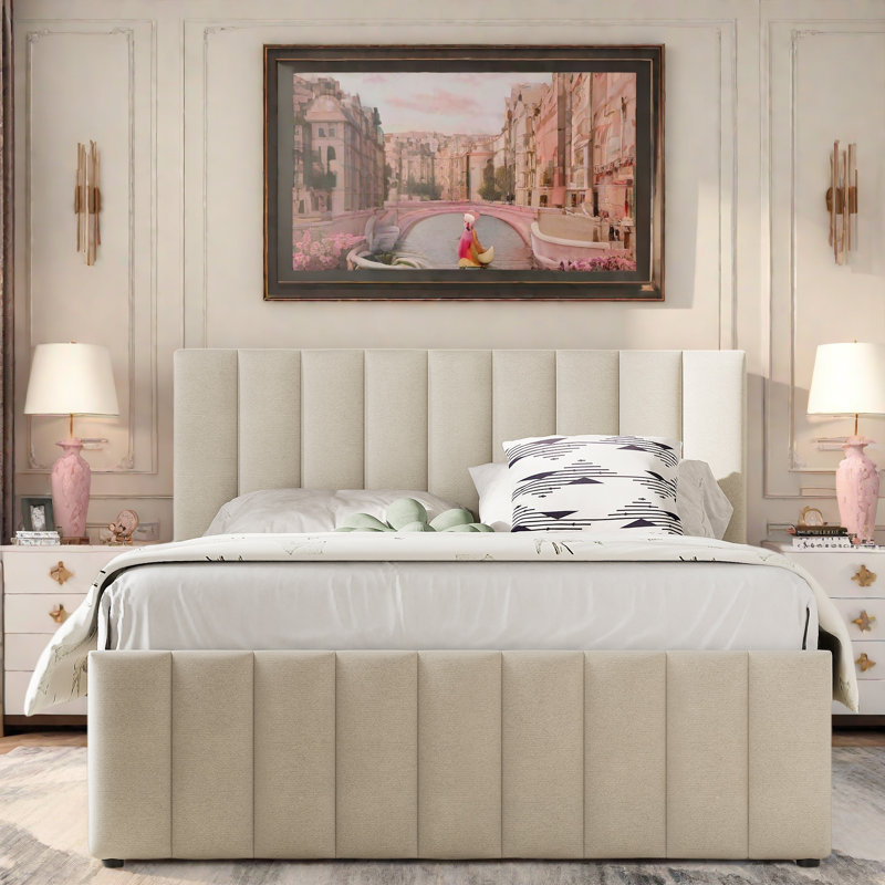 Lit plateforme tapissier avec lit gigogne simple, 3 tiroirs et tête de lit à rayures, Beige