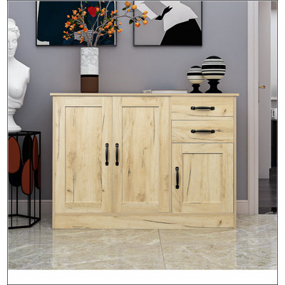 Buffet moderne en bois avec 2 portes et 1 rangement et 2 tiroirs - Portes d'armoire de rangement pour entrée-Console de salle à manger, 43,3 po, chêne