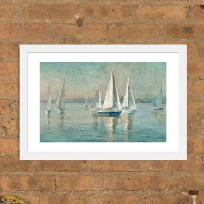 Voiliers au lever du soleil, reproduction d'art sur toile tendue, H 40 po x l 60 po x P 1,5 po, Toile avec cadre noir patiné