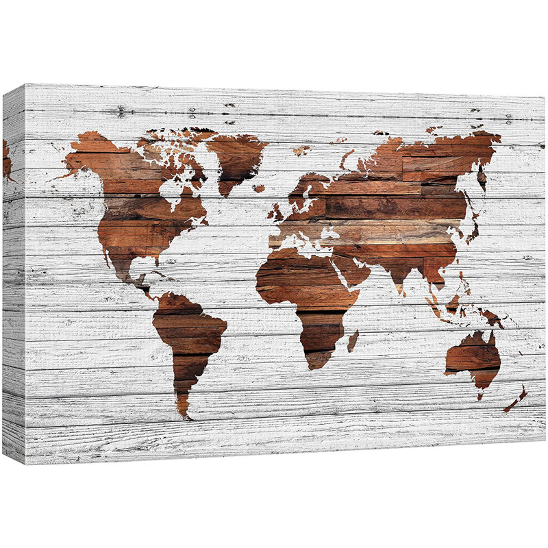 «World Map on White Wood Panels Places Country», reproduction d'art sur toile tendue, 16" H x 24" W x 1.5" D