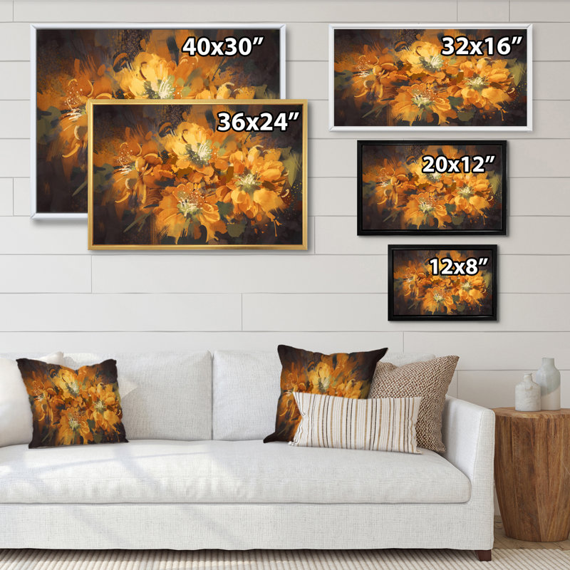Fleurs orange orangées - reproduction sur toile, H 12 po x l 20 po x P 1 po, Cadre flottant doré