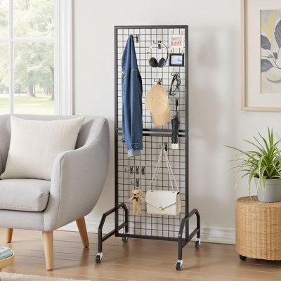Grid Wall Panel 23.62 x 64.57 in Wire Display Rack with Wheels and 10 Hooks