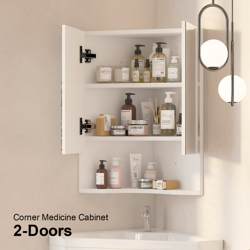 Sowmiya Corner Bathroom Mirror Cabinet 45x60cm, Double Door 3 Shelf