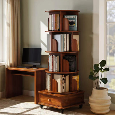 Organisateur de bibliothèque à 360 degrés rotatif à 5 niveaux avec tiroir, bibliothèque d'angle pour petits espaces, chambre à coucher et salon brun noyer