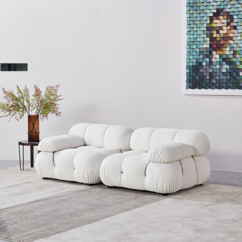 Breeley 76'' Round Arm Modular Sofa, White Chenille