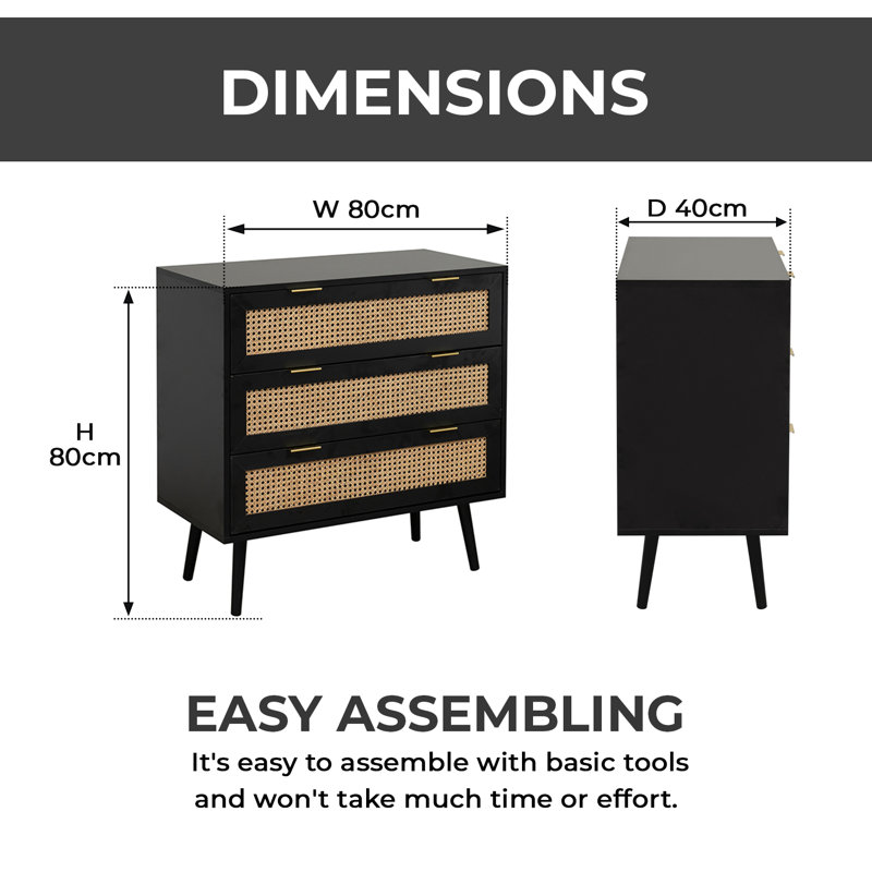 Akey Black Wooden 3 Drawer Rattan Chest of Drawers for Bedroom