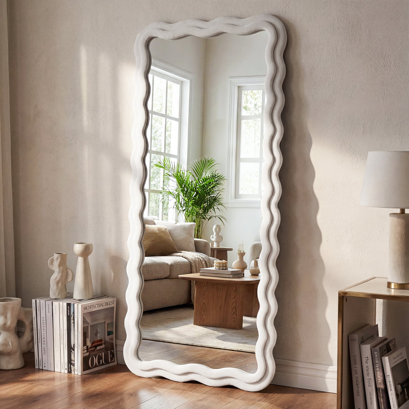Irregular Wavy Full Length Mirror with Flannel Wrapped Frame, White, 69" x 26"