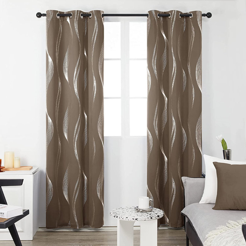 Spurgh Sliver Wave Foil Print Blackout Thermal Grommet Curtain Panels (Set of 2), 52" W x 63" L, Khaki