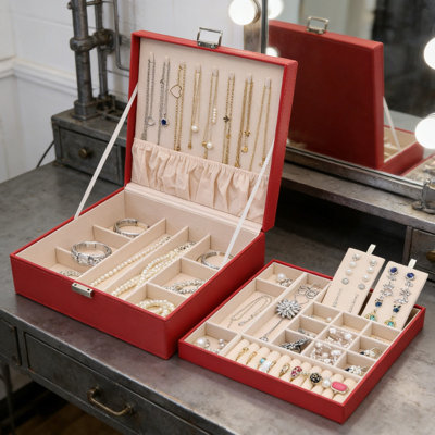 2-Layer Leather Jewelry Organizer for Women, Large Storage Case With Removable Pad for Earrings Rings Necklaces