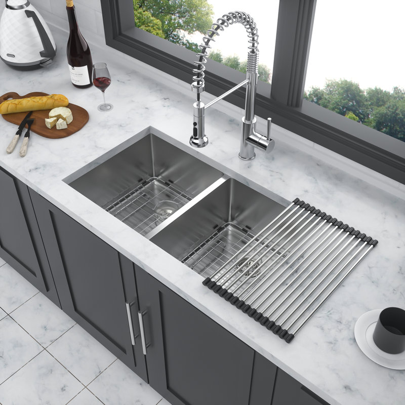 28'' Brushed Nickel Double Bowl Stainless Steel Undermount Kitchen Sink