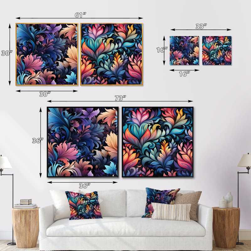 Dutil - Ensemble de 2 collages carrés botaniques abstraits, H 30 po x l 61 po, Toile tendue