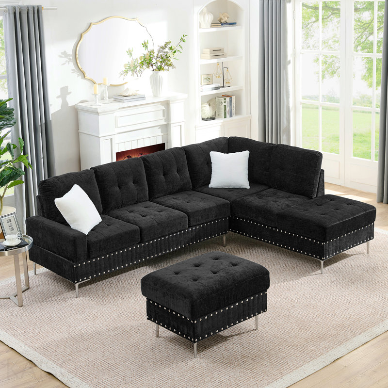 Canapé modulaire 3 places avec méridienne, repose-pieds avec rangement, pieds en métal et clous en cuivre, deux coussins blancs