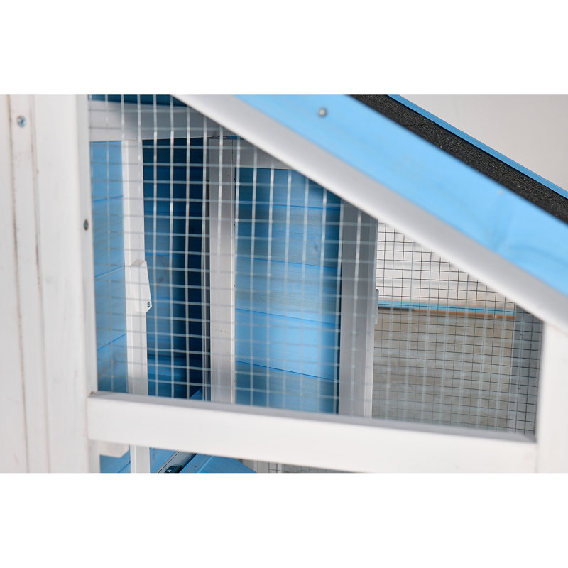 Cage bleue de 76 po avec design naturel, piste d'extérieur, plateau amovible, rampe intérieure et d'utilisation, espace de jeu, maison