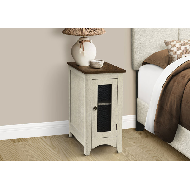 Table d'appoint avec poignée en métal et tablette fixe: placage brun blanc antique, étroit pour le salon de la chambre à coucher, rangement latéral facile à installer: rangement des tablettes, utilisation dans la pièce