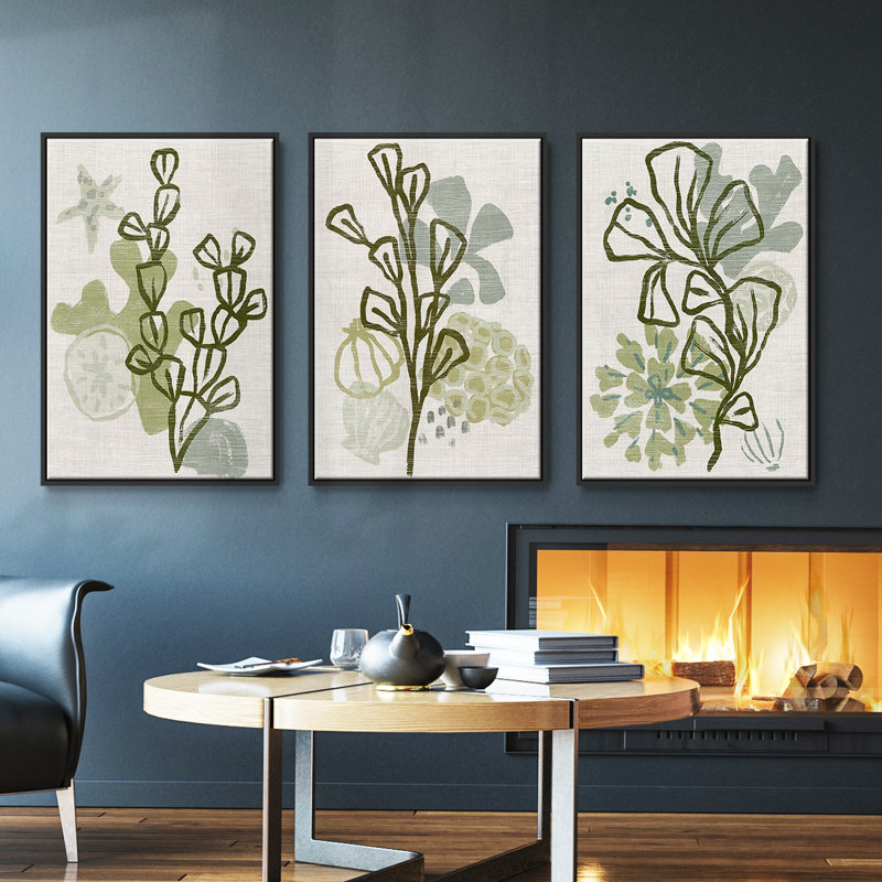 Coral Blockprint I - Ensemble de 3 reproductions de cadres photo sur toile, Noir, H 40 po x l 78 po