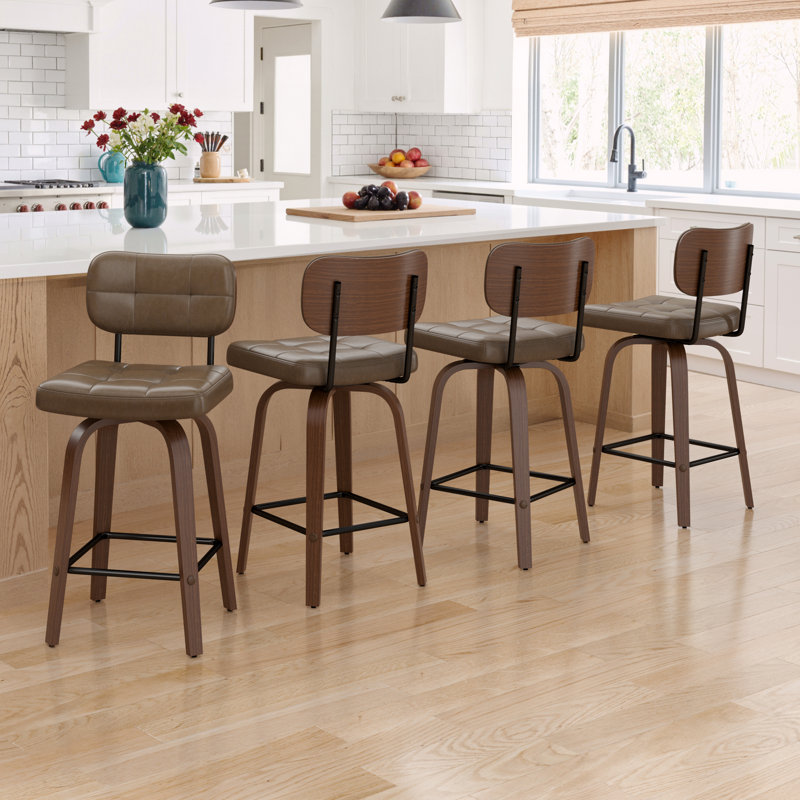 26" Counter Height Swivel Bar Stools,Pu Leather & Bentwood Back Bar Stools For Kitchen(Set of 4), Coffee Brown, 4