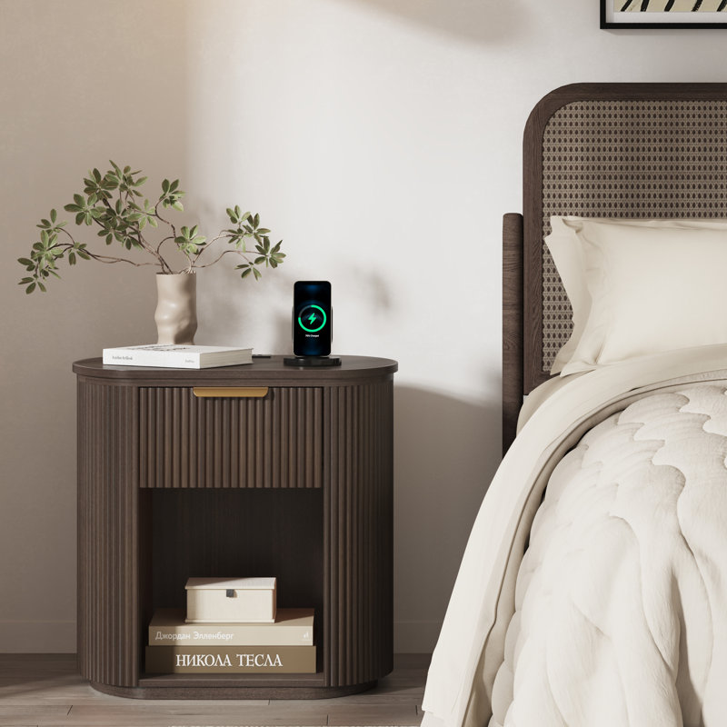 Reeded Nightstand With 1 Drawer, Open Shelf Storage Built-in Outlets USB Type-C Charging Station Set of 1, Individual