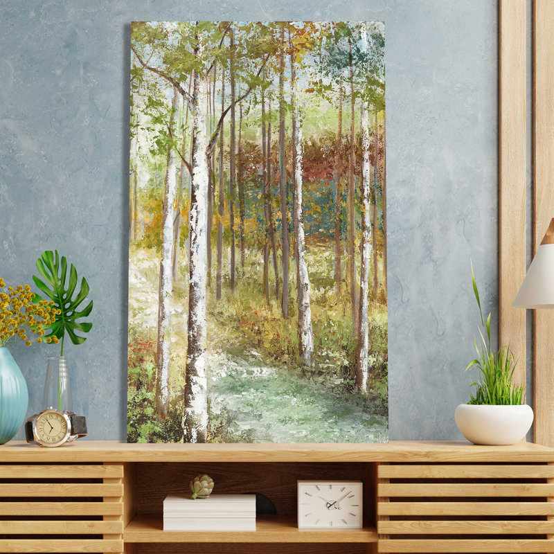 «Warm Spice Birch Path» par Nan - Peinture, Toile tendue, L 18 po x H 30 po
