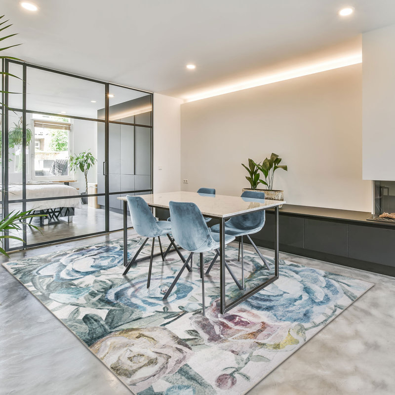 Blue Floral Synthetic Machine-Woven Washable Area Rug