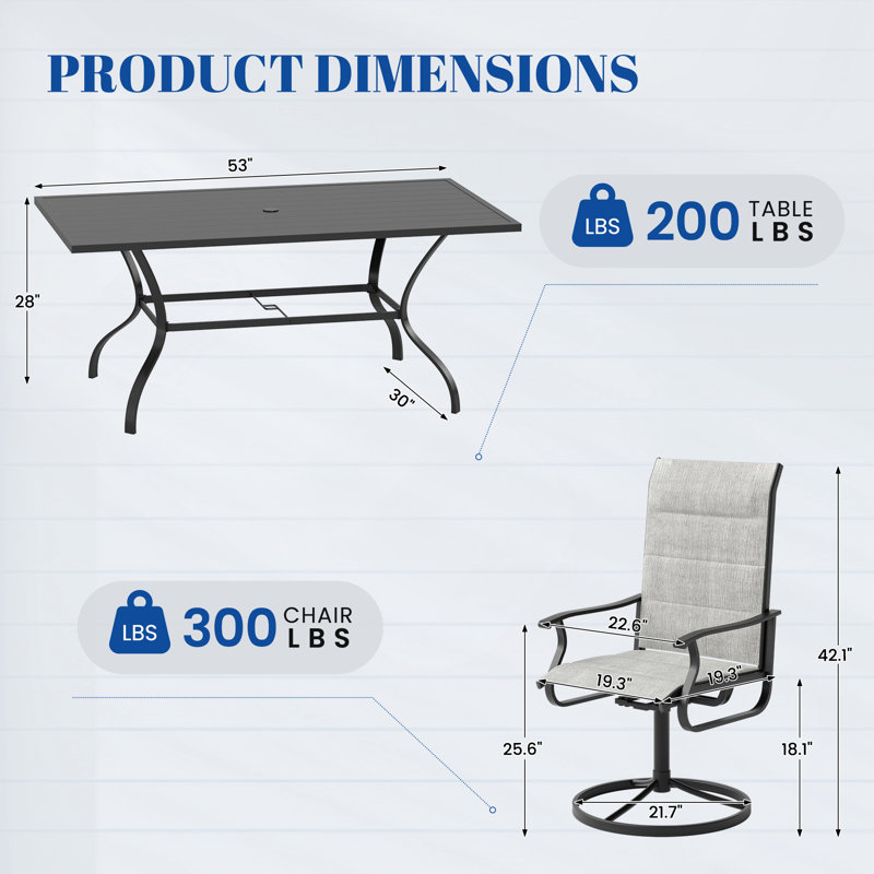 Ensemble de salle à manger 7 pièces pivotant pour l'extérieur, chaises de patio à cadre en métal rotatif à 360 ° avec tissu Teslin épaissi, chaises de salle à manger d'extérieur avec accoudoirs pour terrasse et cour arrière