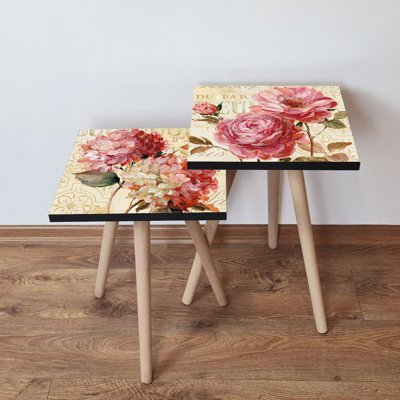 Elegant Nesting Table Set (2 Pieces), Impressionist Flower Design, Beech Wood Legs, Larger Table: 13.8 x 18.5 x 13.8 inches | 100% MDF, Thickness: 0.7 inches | Perfect for Living Room or Accent Decor