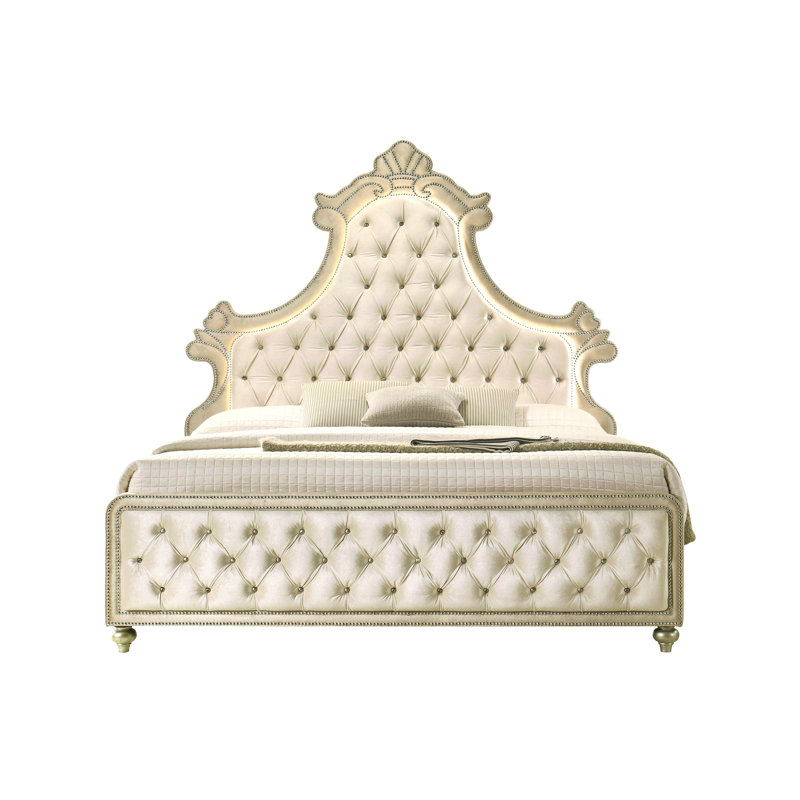 Lit en velours beige Lucienne EK avec DEL