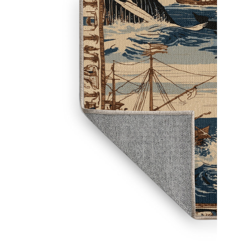 Washable Whaling scenes Nautical Area Rug, Square 5'
